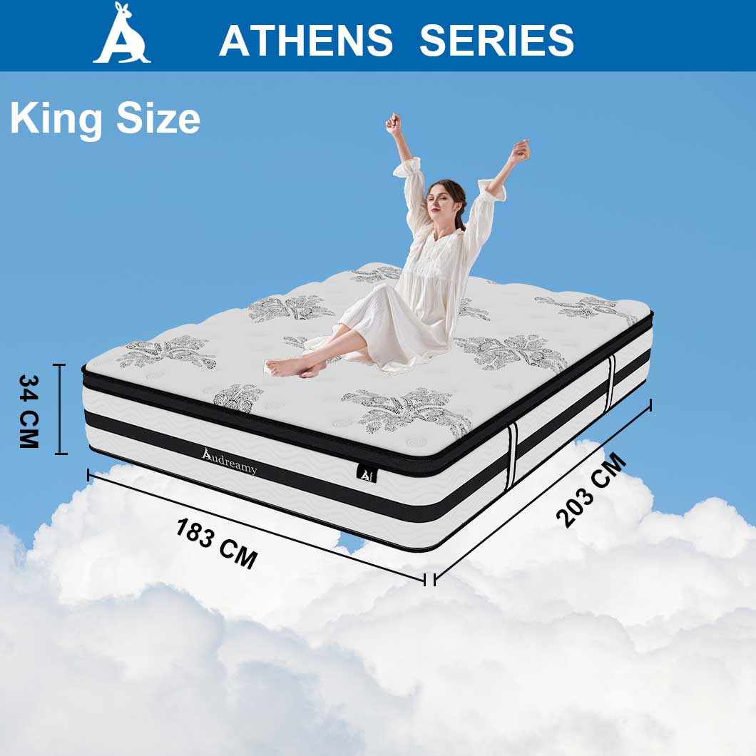 Audreamy Athens Mattress – 34cm Spa-Like Plush Soft Euro Top 7-Zone Pocket Spring 5D Support Medium (King)