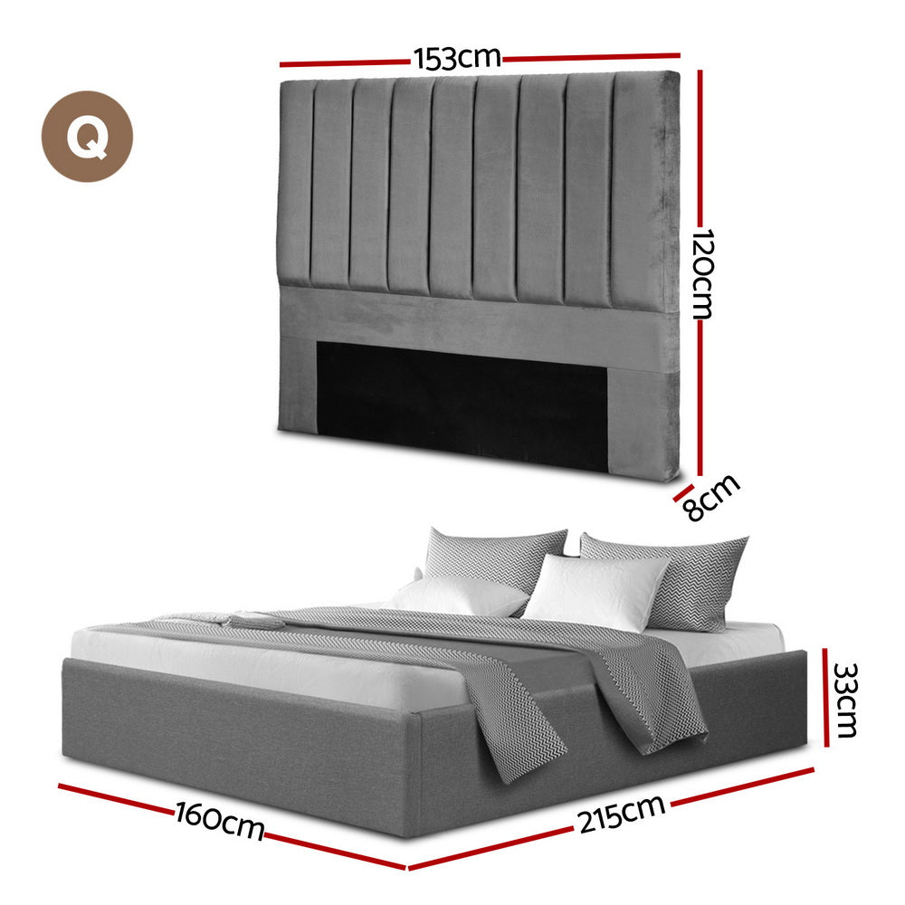 Artiss Queen Bed Frame with Storage Grey Velvet Headboard Gas Lift Platform Base