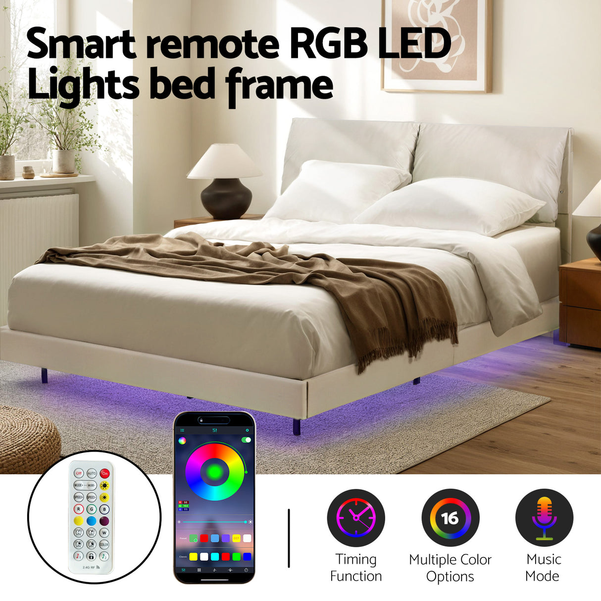 Artiss Double Bed Frame RGB LED Floating Beds Adjustable Headboard Beige White