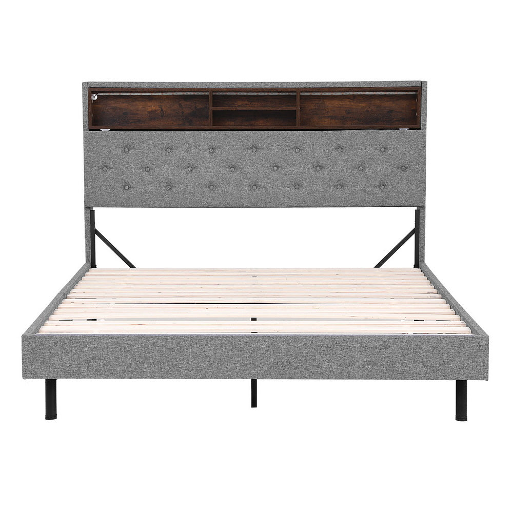 Artiss Bed Frame Queen Size LED Mattress Base Platform with Storage Shelf Hidden Storage Box Grey