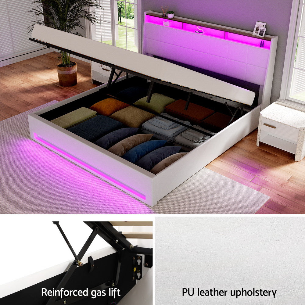 Artiss Bed Frame Gas Lift LED Beds Base Platform White PVC Leather Storage Headboard - King