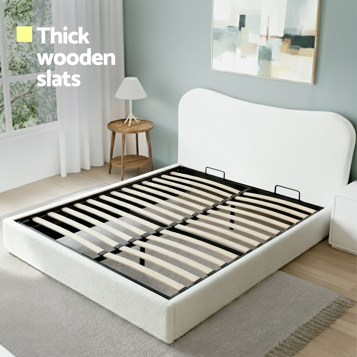 Artiss Double Bed Frame with Gaslift Storage Wooden Platform Mattress Base Boucle Upholstered White