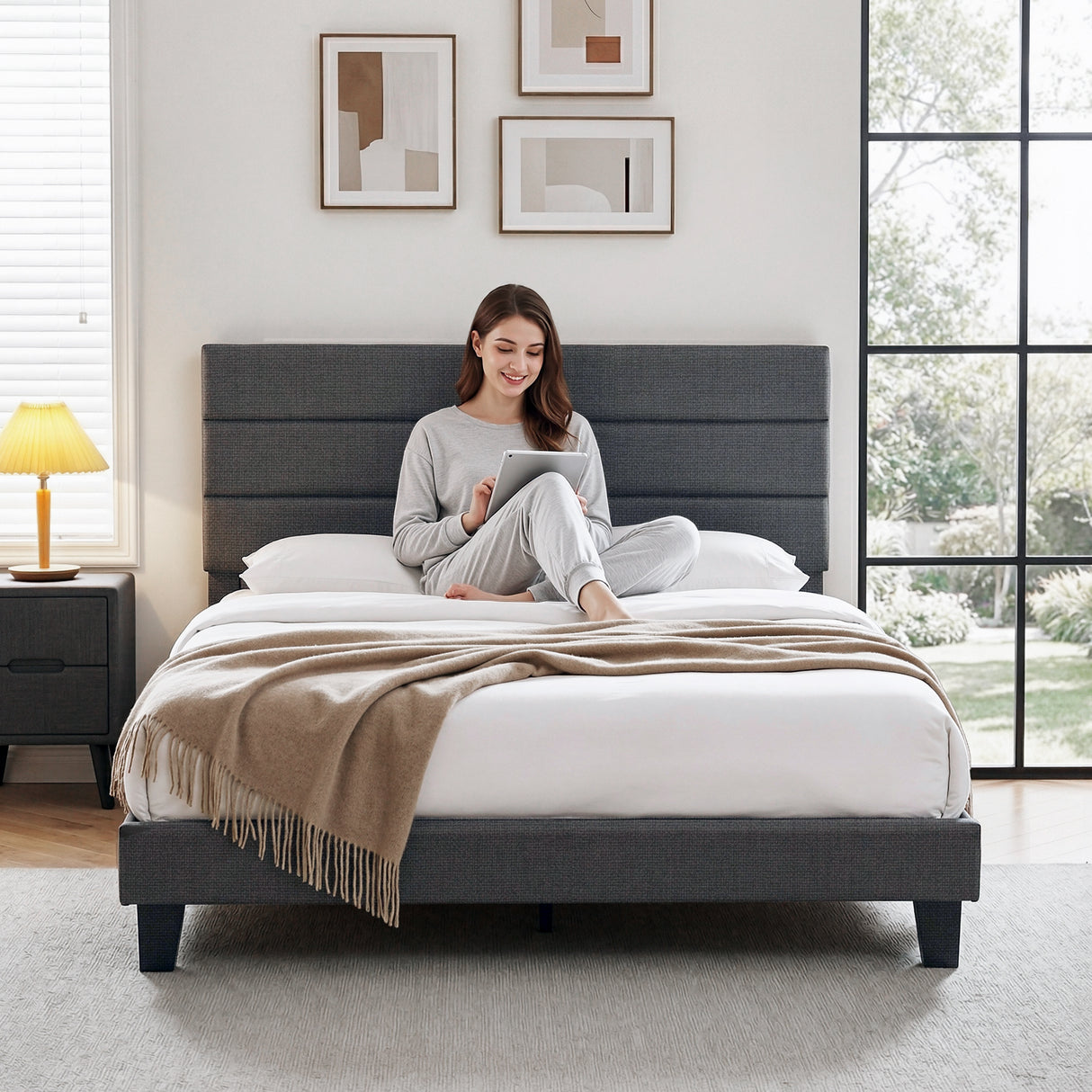 Artiss Double Bed Frame Upholstered Platform Base with Geometric Headboard Charcoal Grey Linen Wood Slats for Modern Bedroom Furniture Home Decor