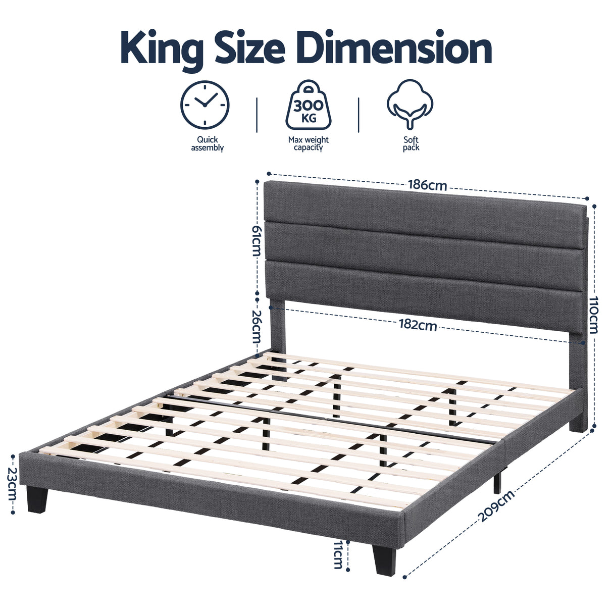 Artiss King Bed Frame Upholstered Platform Base with Geometric Headboard Charcoal Grey Linen Wood Slats for Modern Bedroom Furniture Home Decor