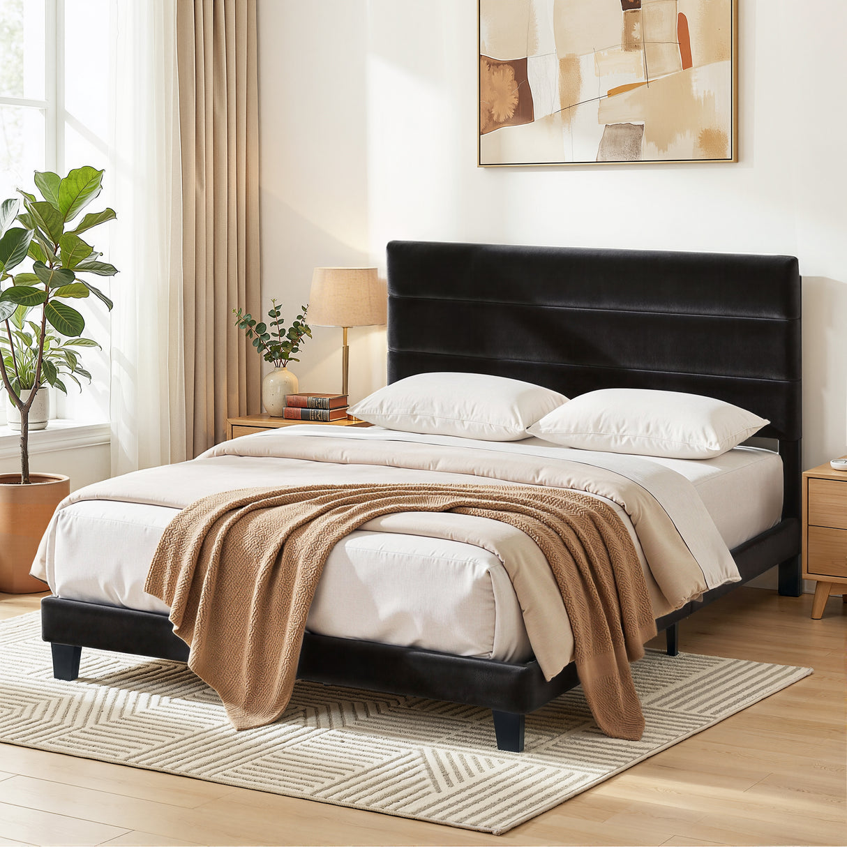 Artiss Queen Bed Frame Upholstered Platform Base with Geometric Headboard Black Velvet