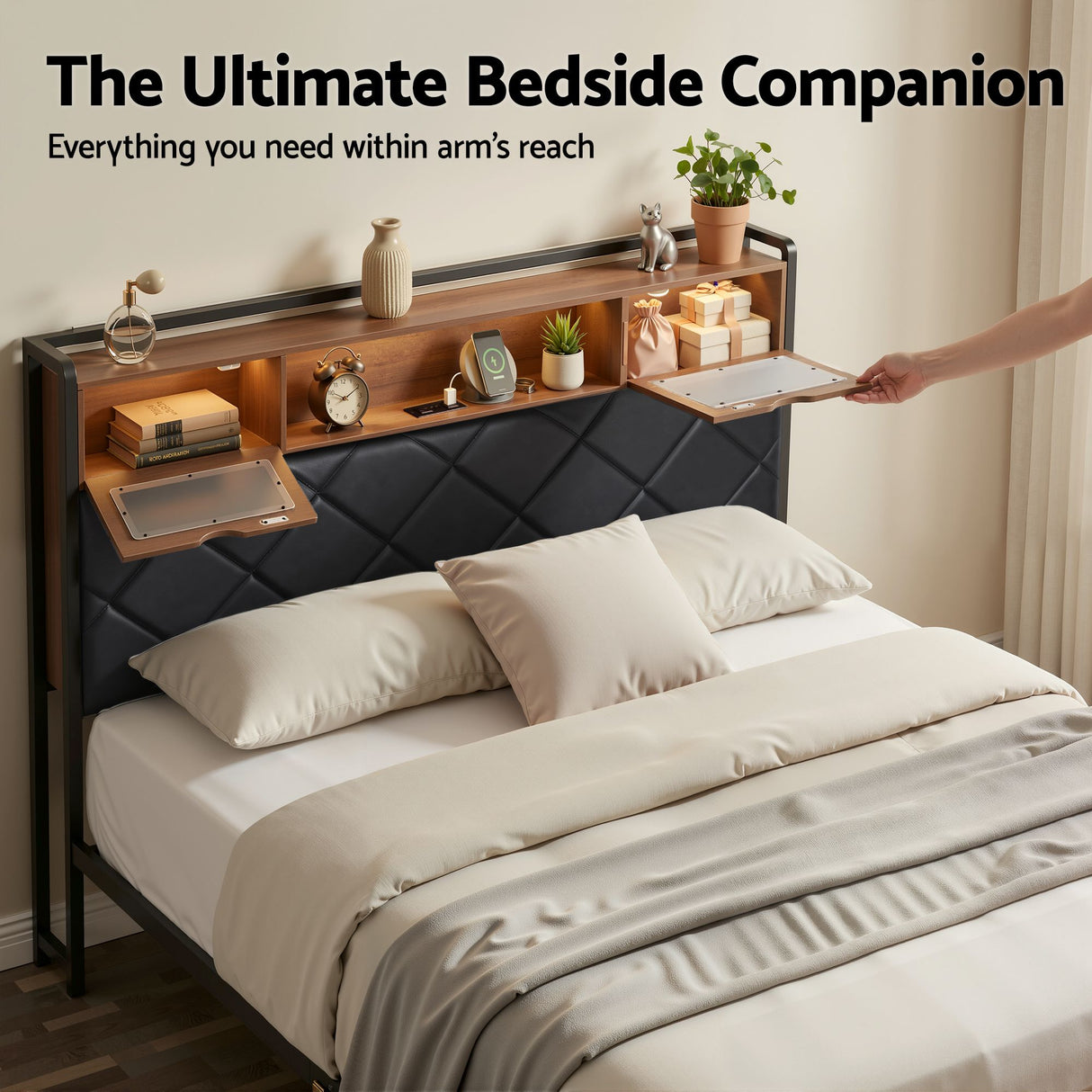 Artiss Double Bed Frame with LED Lights Storage Headboard 2 USB 2 AC Outlets Charging Station