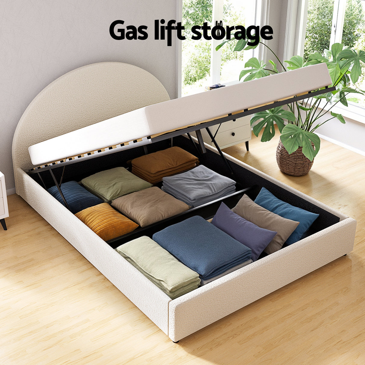 Artiss Gas Lift Queen Bed Frame with Bedside Table Set Boucle Fabric Upholstered Platform Bed Nightstand