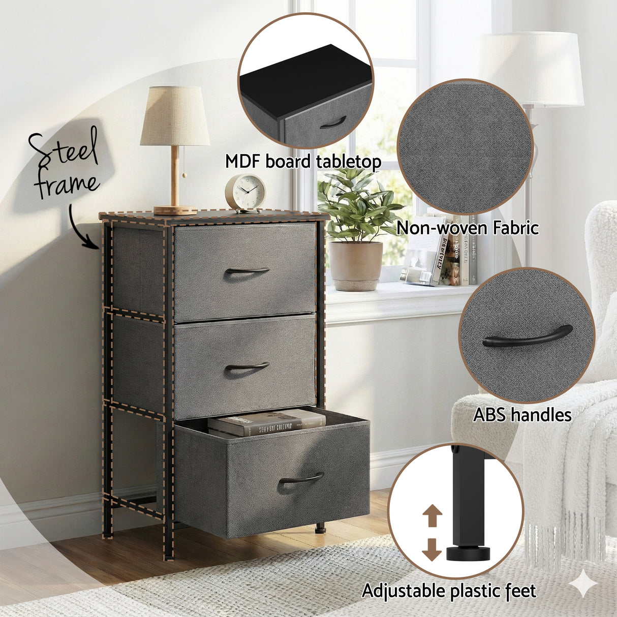 Artiss Chest of 3 Drawers Storage Dresser Tallboy Grey