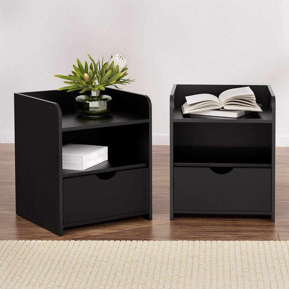 Artiss 2X Bedside Table 1 Drawer with Shelf - FARA Black