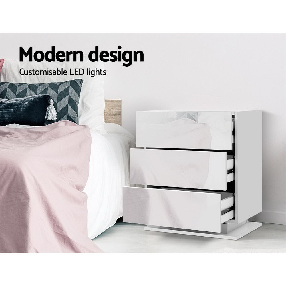 Artiss 2x Bedside Table LED 3 Drawers - MORI White