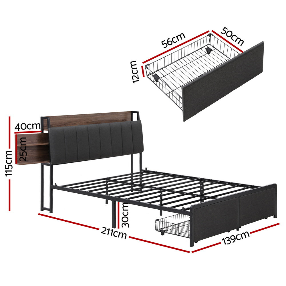 Artiss Metal Bed Frame Double Size with 2-Tier Hidden Storage with Charging Station