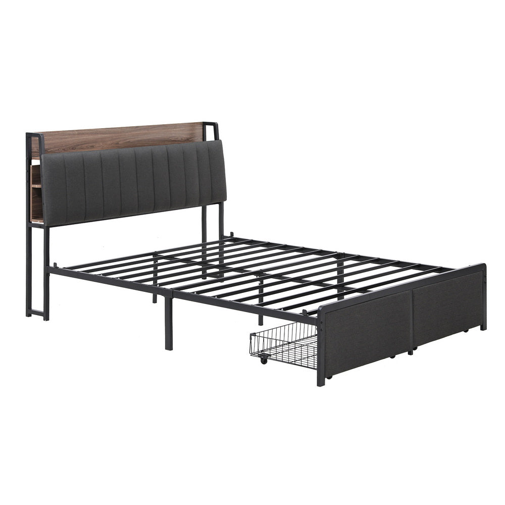 Artiss Metal Bed Frame King Size with 2-Tier Hidden Storage with Charging Station