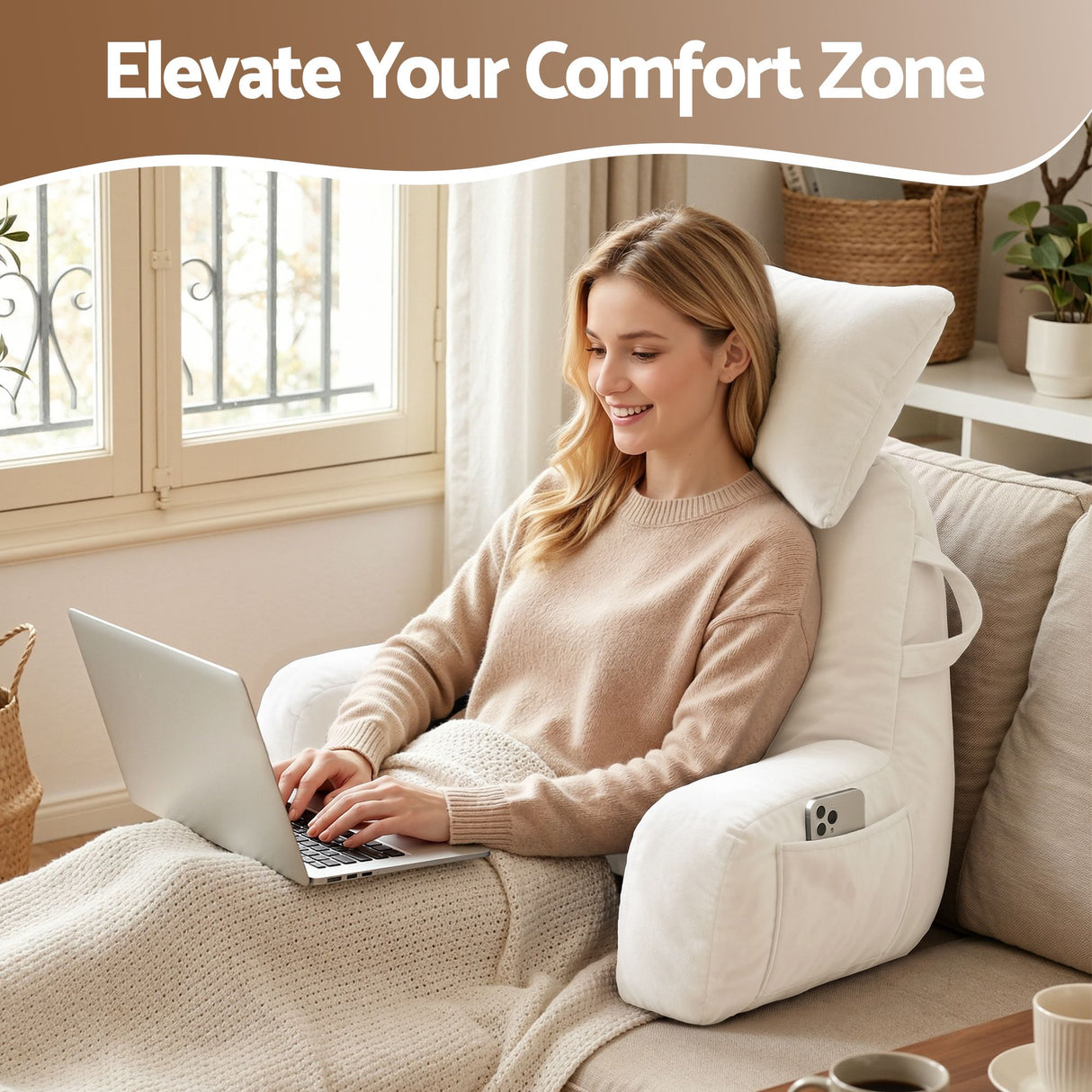 Giselle Bedding Reading Pillow with Detachable Neck Roll & Armrests Sit Up Pillow for Bed Back Support Pillow for Watching TV & Gaming Beige