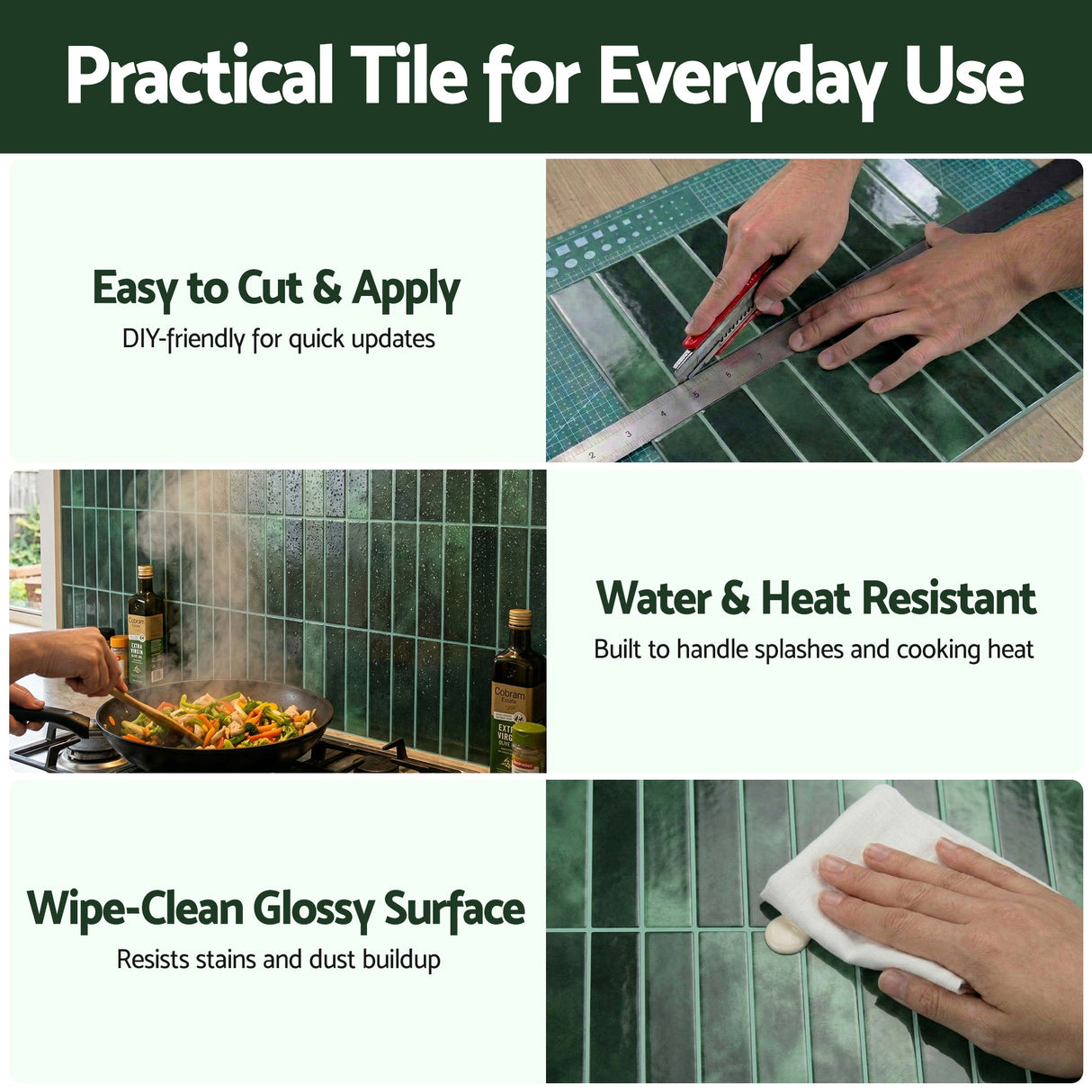 Artiss 3D Peel and Stick Wall Tiles Self Adhesive LinearGrid Backsplash 10 Sheets, Green