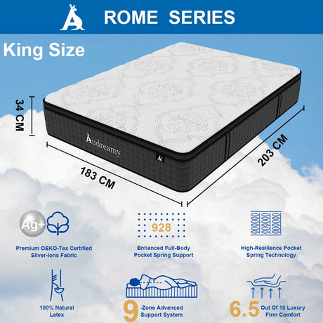 Audreamy Rome Mattress – 34cm Euro Top 100% Natural Latex Memory Foam 9-Zone Pocket Spring Hybrid Medium Firm (King)