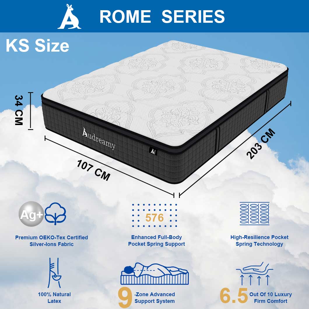 Audreamy Rome Mattress – 34cm Euro Top 100% Natural Latex Memory Foam 9-Zone Pocket Spring Hybrid Medium Firm (King Single)