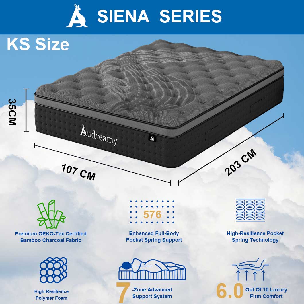 Audreamy Siena Mattress – 35cm Plush Euro Top Bamboo Charcoal Fabric 7-Zone Pocket Spring Medium Firm (King Single)