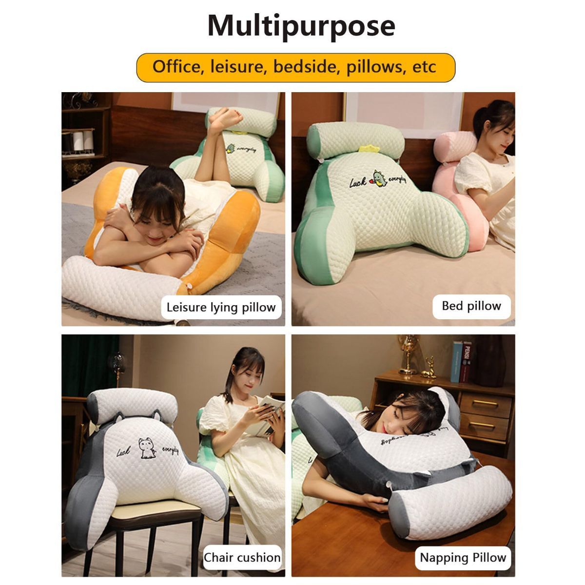 Reading Pillow for Kid Or Adult Large Back Pillow for Sitting Up in Bed Detachable Neck Roll with Arms Large Bed Rest Pillow Back Pillow for Sitting in Bed Watching TV Reading - Gray - Size 60*40CM