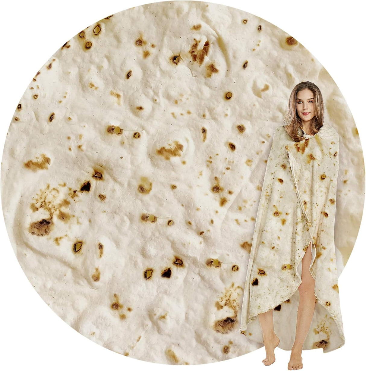 Burritos Tortilla Throw Blanket(Beige), Novelty Funny Round Blanket for Adults & Kids, Soft Flannel Tortilla Wrap Blanket(60",Teenagers)