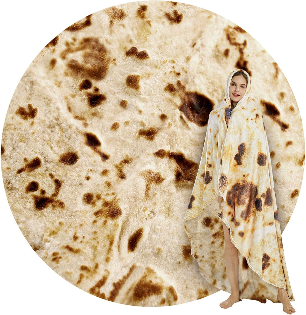 Burritos Tortilla Throw Blanket (Brown), Novelty Funny Round Blanket for Kids & Adults, Soft Flannel Tortilla Wrap Blanket(60",Teenagers)