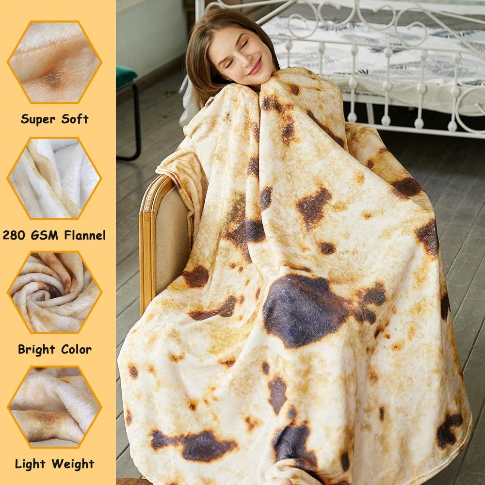Burritos Tortilla Throw Blanket (Brown), Novelty Funny Round Blanket for Kids & Adults, Soft Flannel Tortilla Wrap Blanket(71", Adults)