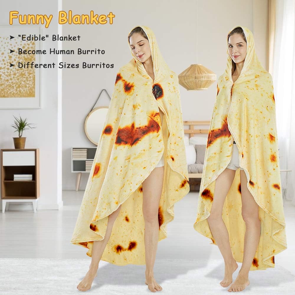 Burritos Tortilla Throw Blanket (Yellow), Novelty Funny Round Blanket for Kids & Adults, Soft Flannel Tortilla Wrap Blanket(71", Adults)