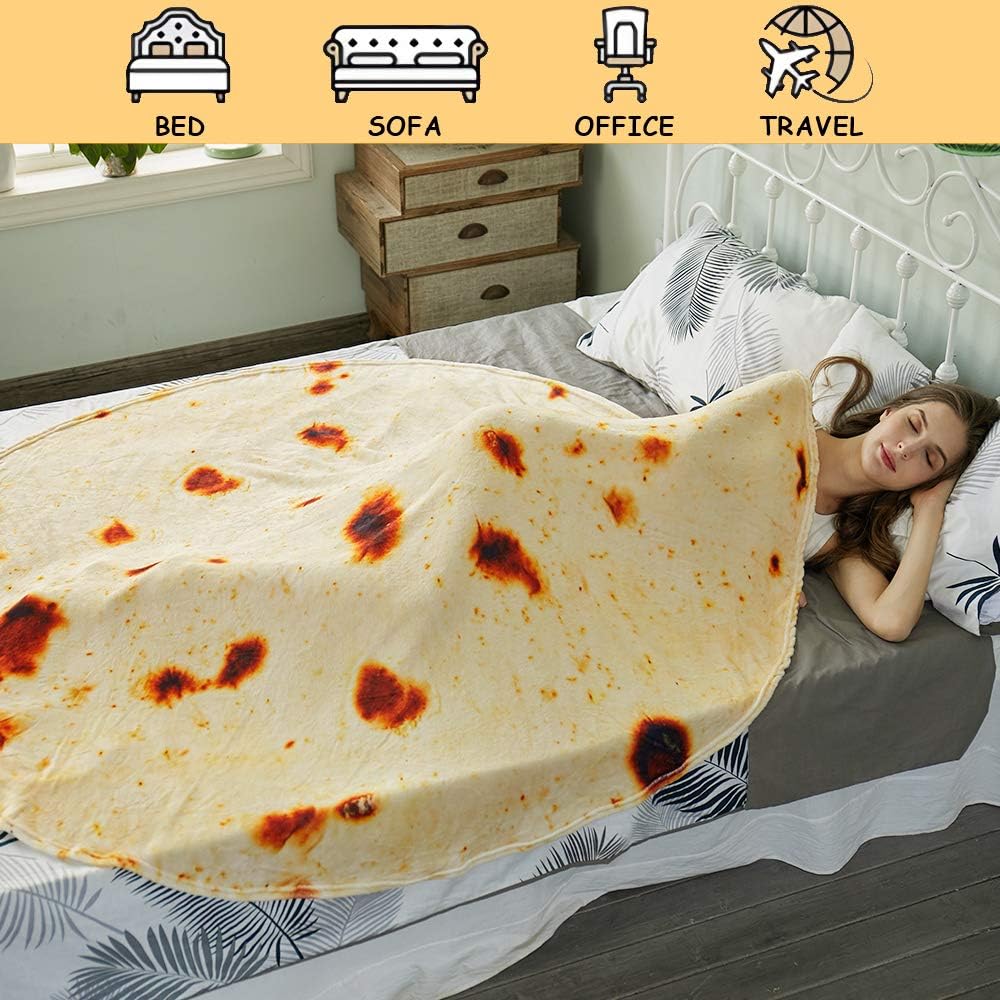 Burritos Tortilla Throw Blanket (Yellow), Novelty Funny Round Blanket for Kids & Adults, Soft Flannel Tortilla Wrap Blanket(71", Adults)