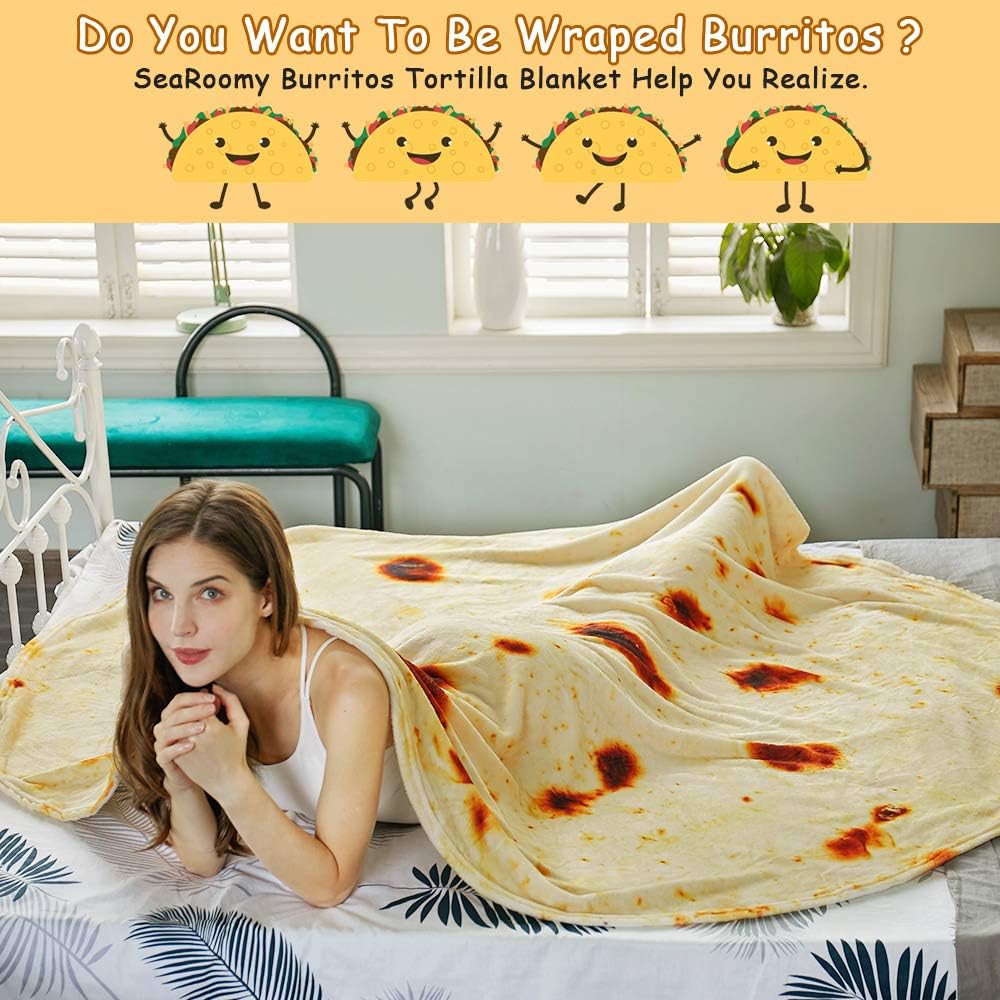 Burritos Tortilla Throw Blanket (Yellow), Novelty Funny Round Blanket for Kids & Adults, Soft Flannel Tortilla Wrap Blanket(71", Adults)