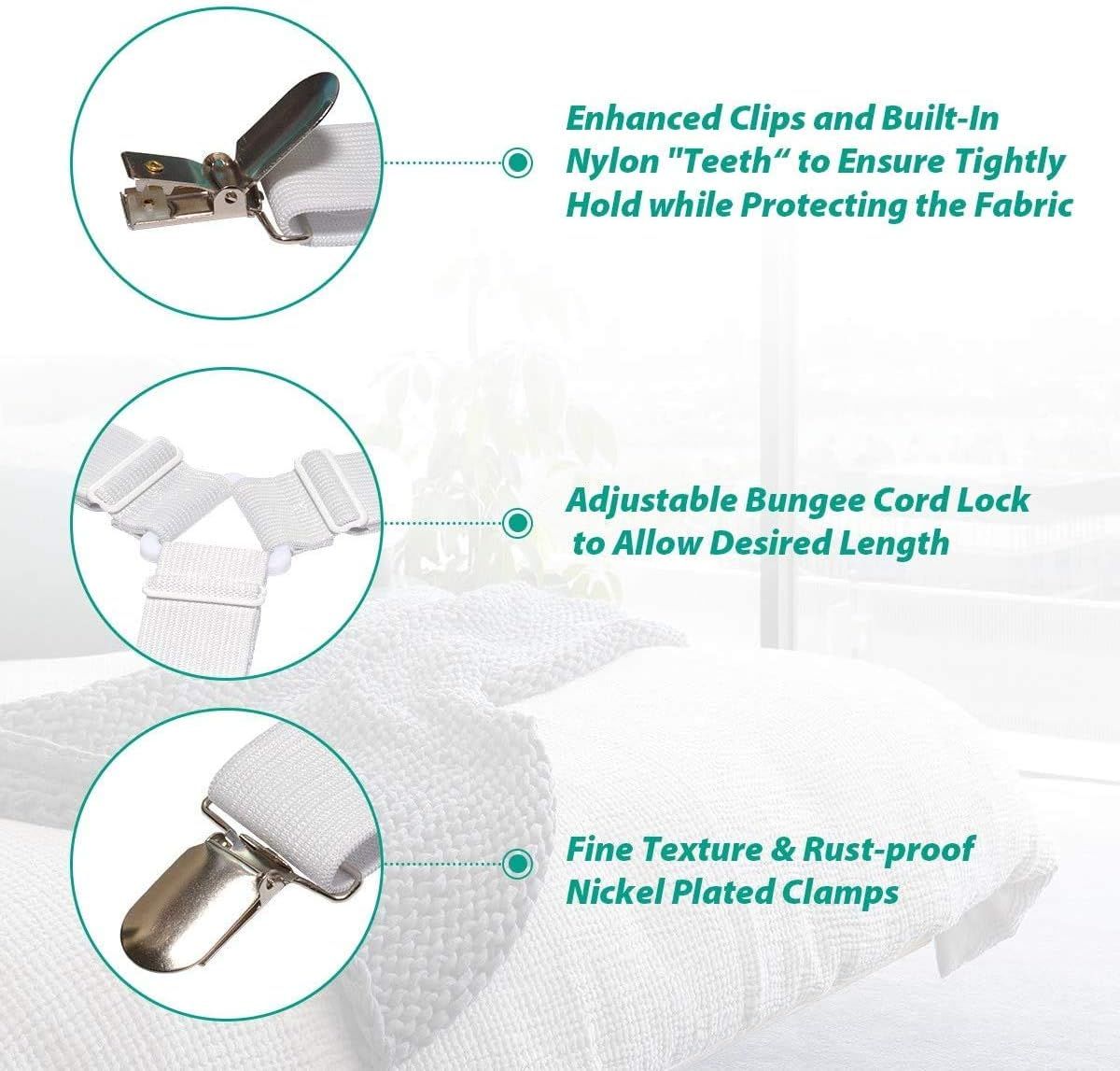 4-Pack Adjustable Bed Sheet Fasteners with Triangle 3-Clamp Design, White Elastic Bands & Nickel-Plated Clips—Secures Fitted Sheets, Sofa Covers, Car Seat Covers, and Tablecloths—Easy Install, Reusable
