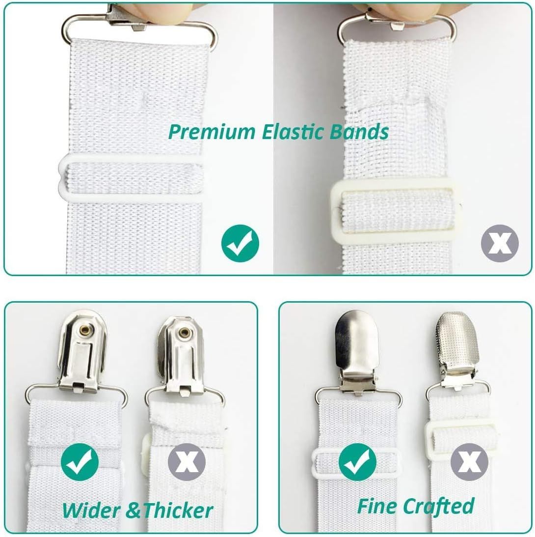 4-Pack Adjustable Bed Sheet Fasteners with Triangle 3-Clamp Design, White Elastic Bands & Nickel-Plated Clips—Secures Fitted Sheets, Sofa Covers, Car Seat Covers, and Tablecloths—Easy Install, Reusable