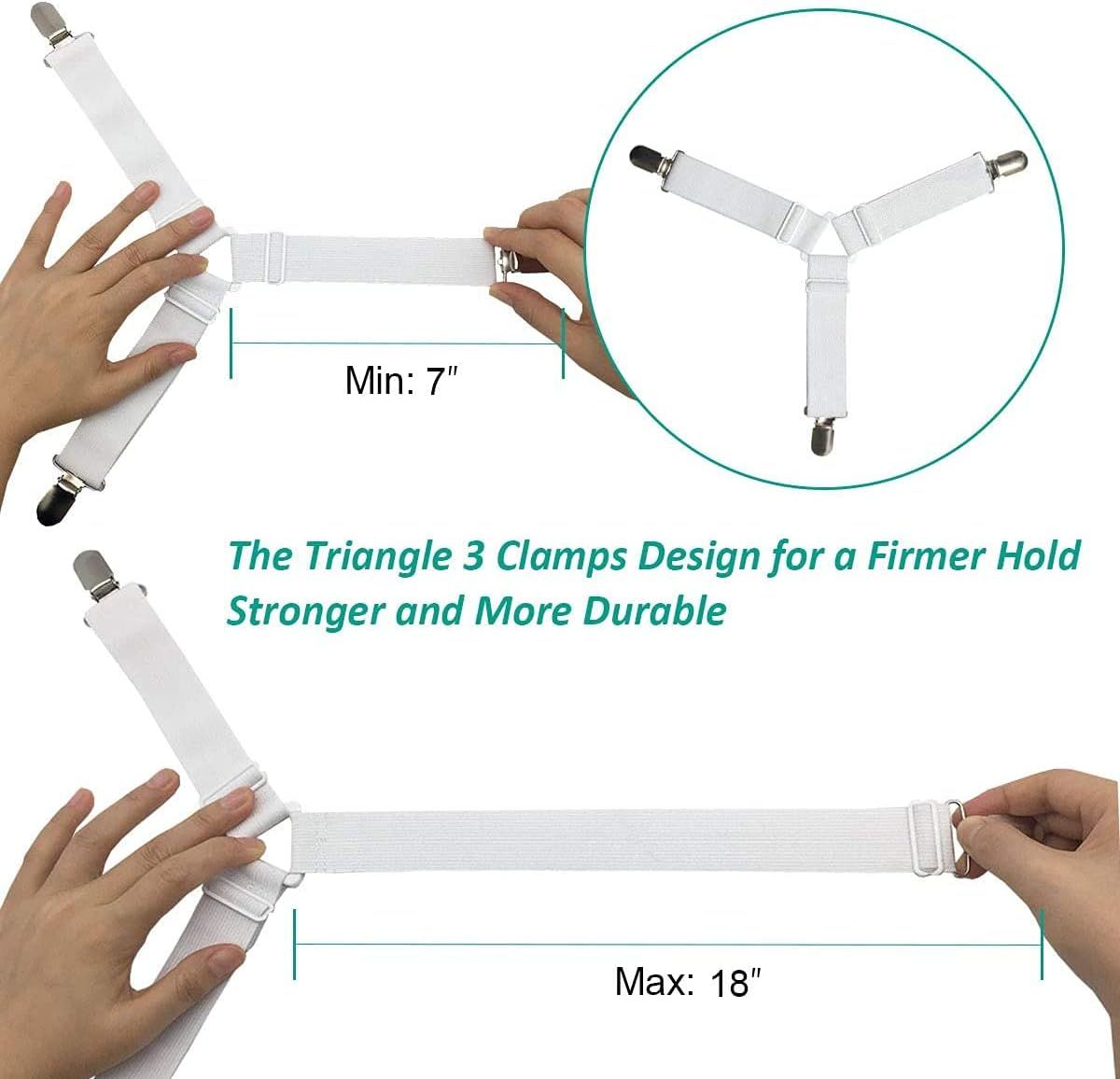 8-Pack Adjustable Bed Sheet Fasteners with Triangle 3-Clamp Design, White Elastic Bands & Nickel-Plated Clips—Secures Fitted Sheets, Sofa Covers, Car Seat Covers, and Tablecloths—Easy Install, Reusable