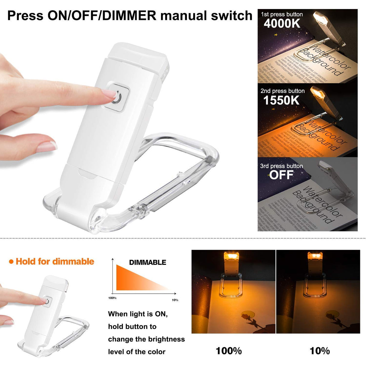 Rechargeable LED Book Light with Dimmable Warm White & Amber Modes – USB-Powered Clip-On Reading Lamp for Books, Sheet Music & Travel (White)