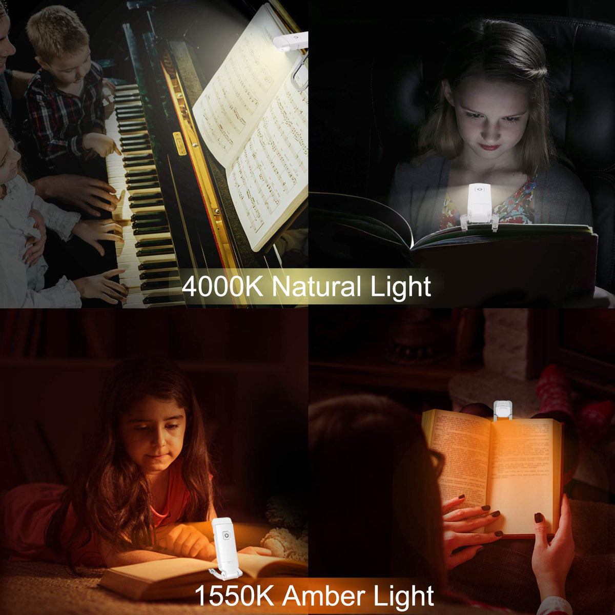 Rechargeable LED Book Light with Dimmable Warm White & Amber Modes – USB-Powered Clip-On Reading Lamp for Books, Sheet Music & Travel (White)