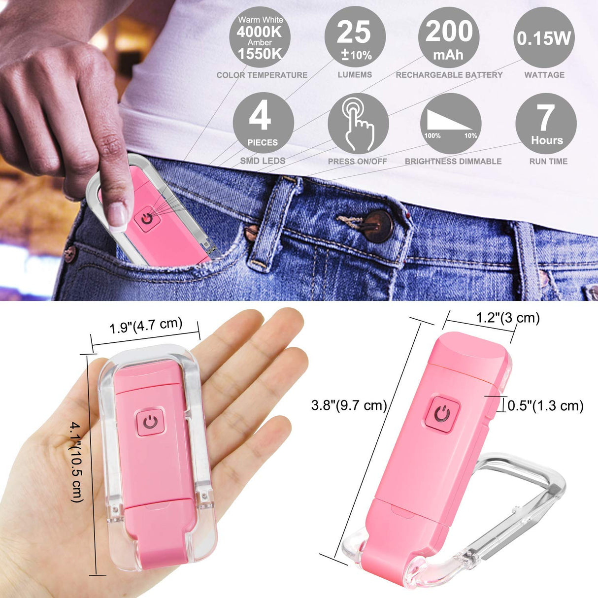 Rechargeable LED Book Light with Dimmable Warm White & Amber Modes – USB-Powered Clip-On Reading Lamp for Books, Sheet Music & Travel (Pink)