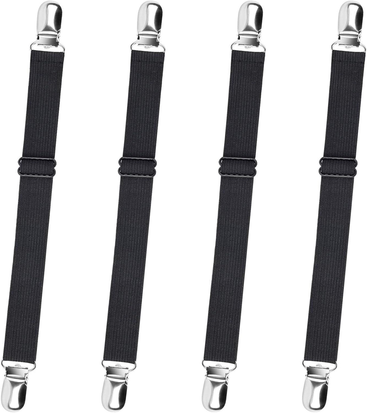 4-Pack Adjustable Bed Sheet Straps with Clips, Elastic Sheet Fasteners for Fitted Sheets, Sofa Covers, Tablecloths, Anti-Slip Grippers for Crib to King Size Beds (Black)
