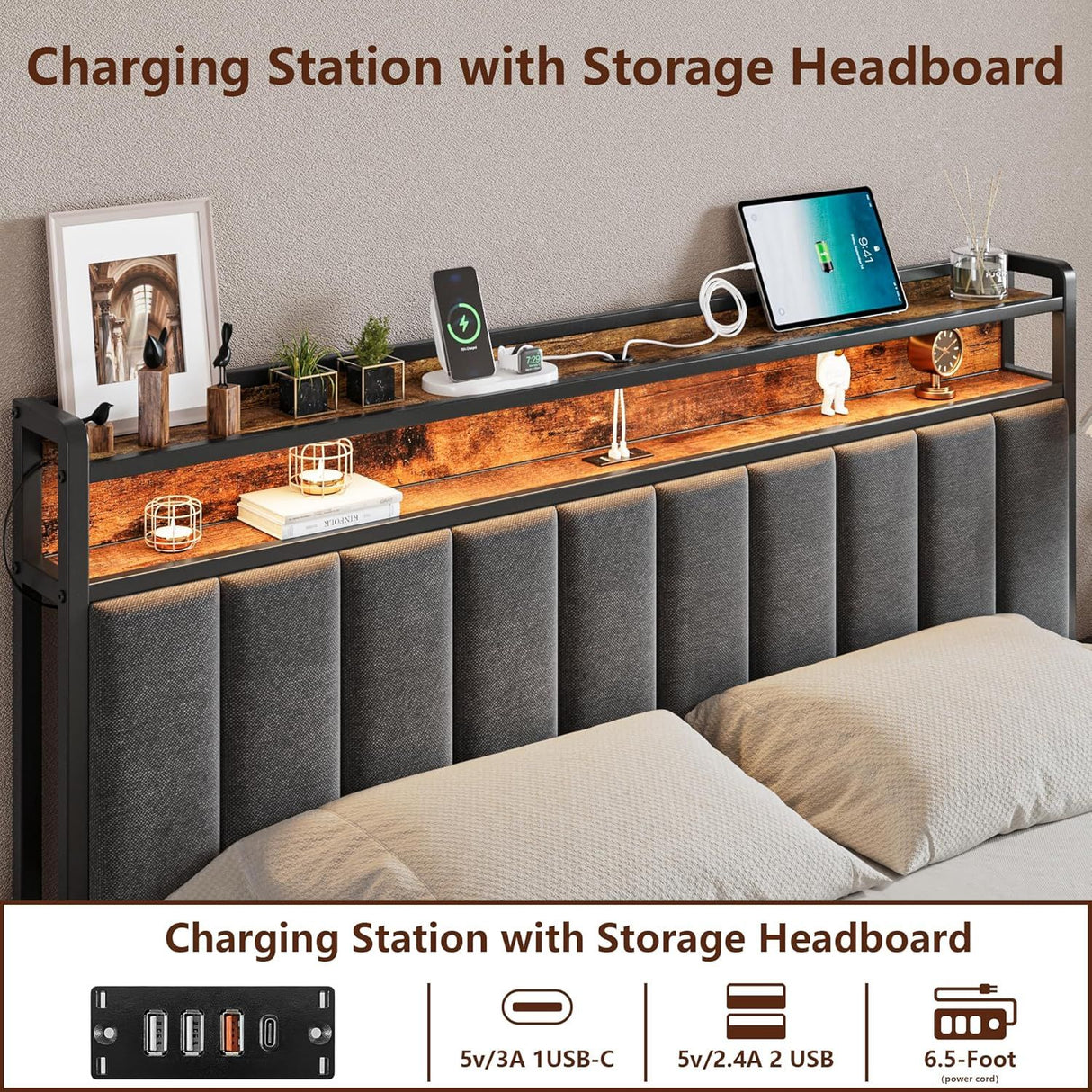 Queen Bed Frame with 2 Storage Drawers and LED Lights Headboard, Upholstered Bed Frame with Charging Station, No Box Spring Needed, Easy Assembly - Grey