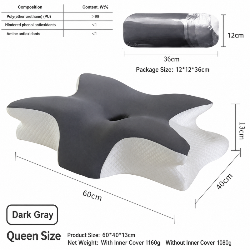 Ice Silk Butterfly-Shaped Memory Foam Pillow | Ergonomic, Orthopedic, Sleep-Aiding, Suitable for Three Sleeping Positions (23.62*15.75*5.12 inch,Dark gray)