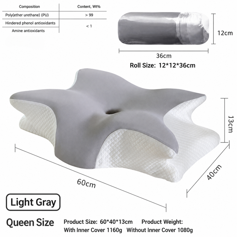 Ice Silk Butterfly-Shaped Memory Foam Pillow | Ergonomic, Orthopedic, Sleep-Aiding, Suitable for Three Sleeping Positions (23.62*15.75*5.12 inch,Light gray)