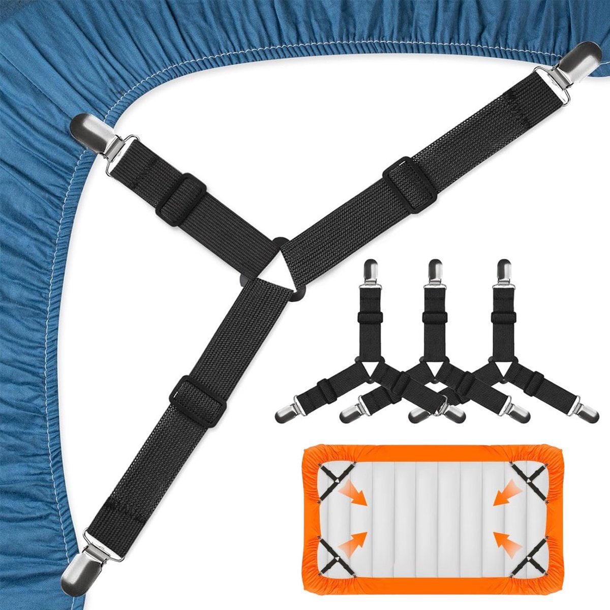 Bed Sheet Tensioners - 4 Pieces - Duvet Sheet Tensioner Clips - Duvet Clamps - Duvet Cover Tensioners - Sheet Clips - Adjustable - Sheet Suspenders - Fitted Sheet Clamps - Bed Sheet Clips - Say Goodbye to Messy Sheets - Won't Shift - Black