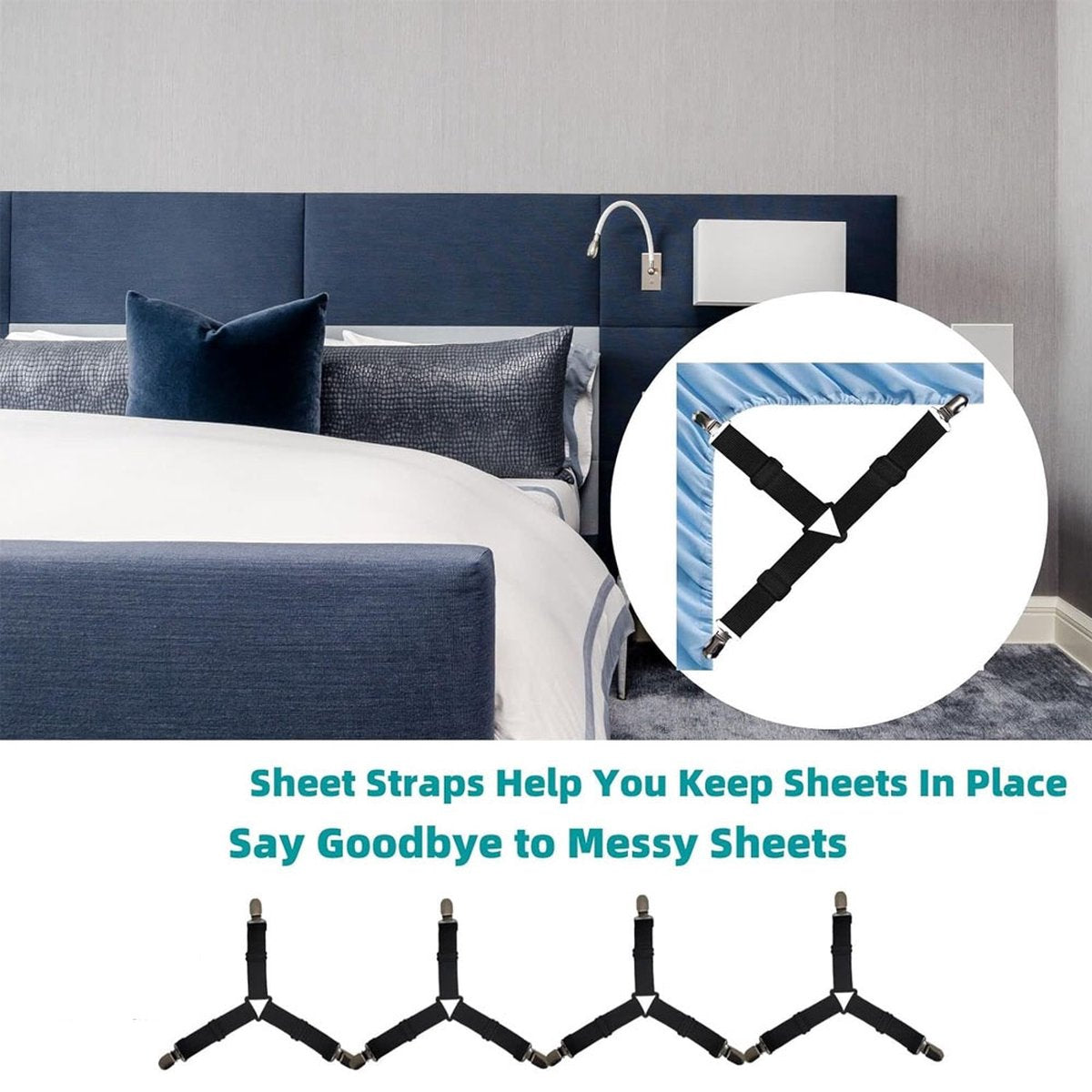 Bed Sheet Tensioners - 4 Pieces - Duvet Sheet Tensioner Clips - Duvet Clamps - Duvet Cover Tensioners - Sheet Clips - Adjustable - Sheet Suspenders - Fitted Sheet Clamps - Bed Sheet Clips - Say Goodbye to Messy Sheets - Won't Shift - Black