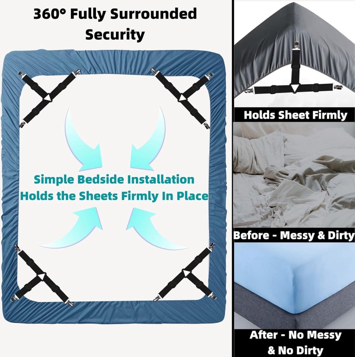 Bed Sheet Tensioners - 4 Pieces - Duvet Sheet Tensioner Clips - Duvet Clamps - Duvet Cover Tensioners - Sheet Clips - Adjustable - Sheet Suspenders - Fitted Sheet Clamps - Bed Sheet Clips - Say Goodbye to Messy Sheets - Won't Shift - Black