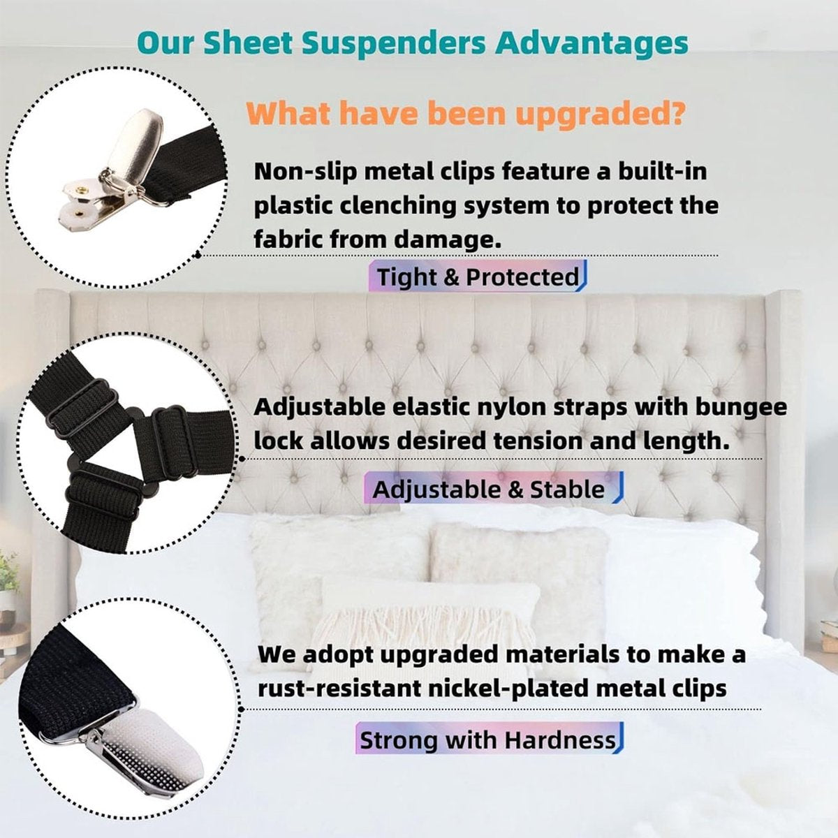 Bed Sheet Tensioners - 4 Pieces - Duvet Sheet Tensioner Clips - Duvet Clamps - Duvet Cover Tensioners - Sheet Clips - Adjustable - Sheet Suspenders - Fitted Sheet Clamps - Bed Sheet Clips - Say Goodbye to Messy Sheets - Won't Shift - Black