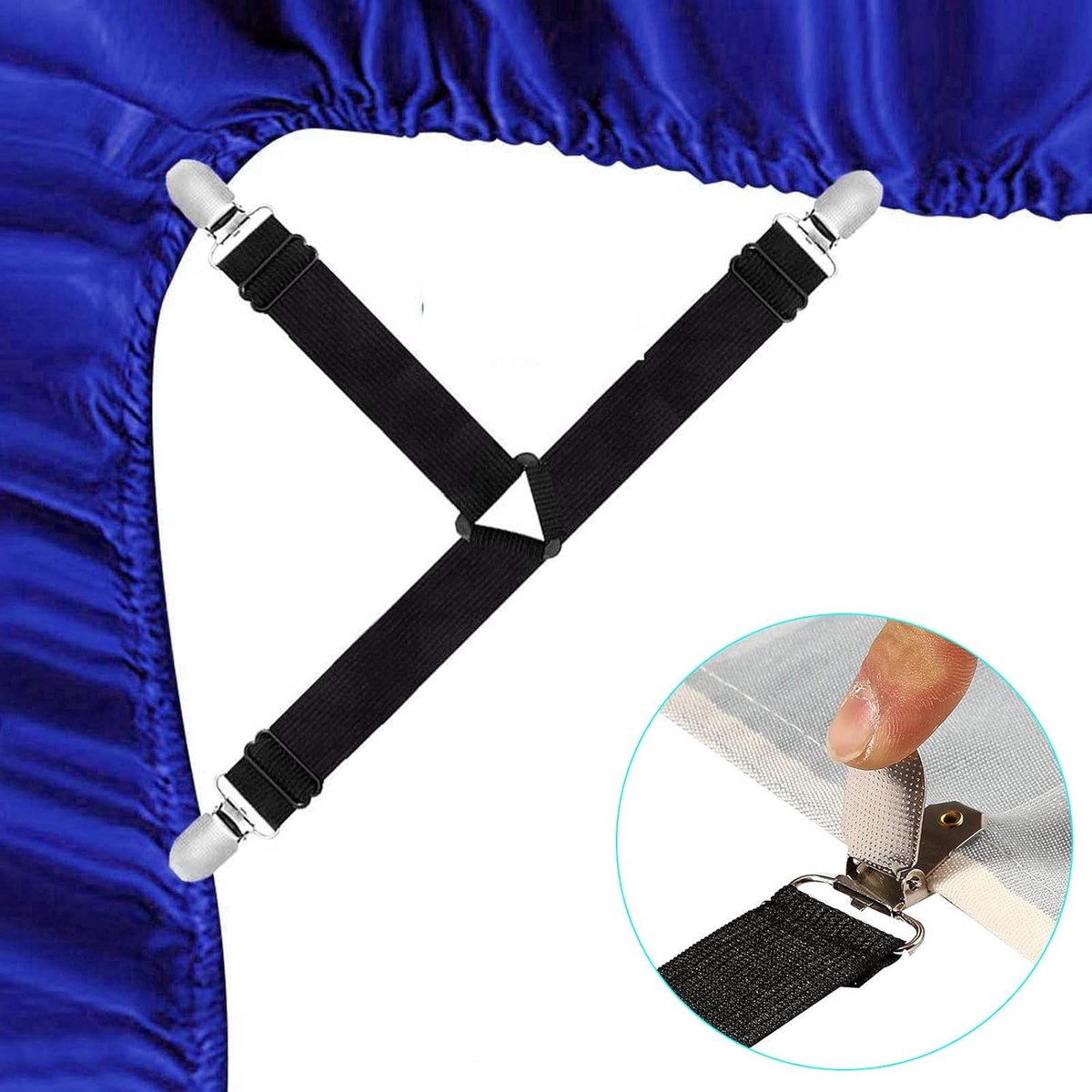 4x Sheet Tighteners - Sheet Fastening Straps - Duvet Clips - Sheet Locking Buckles - Sheet Holders - Duvet Clamps - Adjustable Sheet Tighteners - Elastic Sheet Clamps - For Sheets, Mattresses, Ironing Boards or Sofas - Sheet Tighteners With Metal Clips