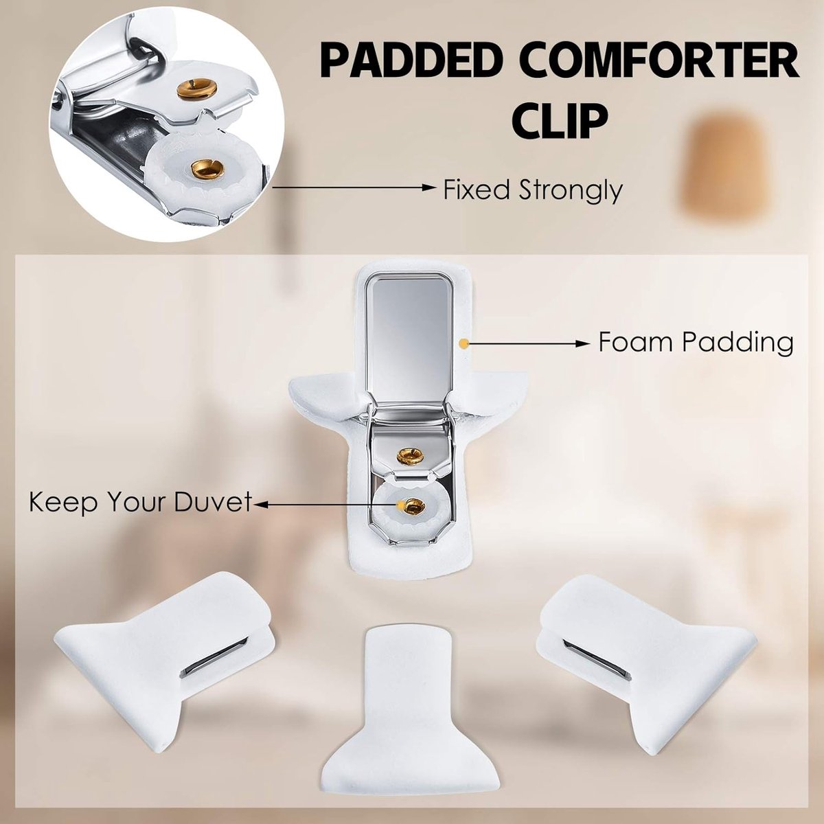 12 pieces - Duvet clips - Quilted duvet clips - with foam and metal - Duvet clamps - Duvet pegs - Clamps - Clips - Sturdy duvet clips - Bedding accessories - for duvets, blankets and sheets - white