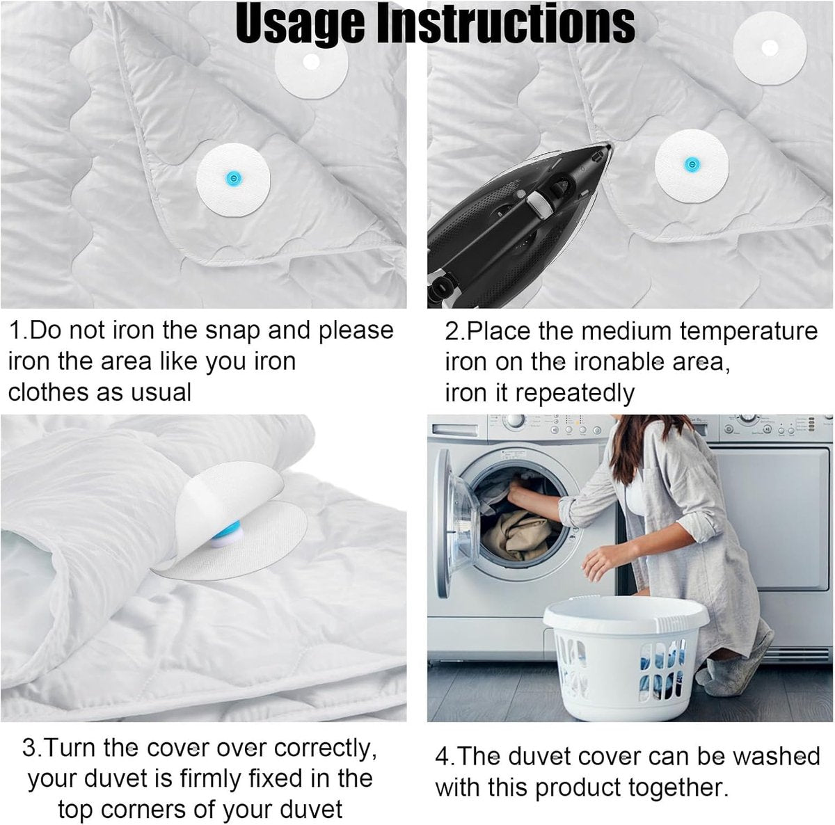 Bedding Snaps - 10 Pairs - Duvet Cover Snaps - Polyester - Plastic - Duvet Clips - Iron-On Duvet Fasteners to Hold Duvet - Duvet Clamps - Bed Sheet Tensioners - 60mm - White