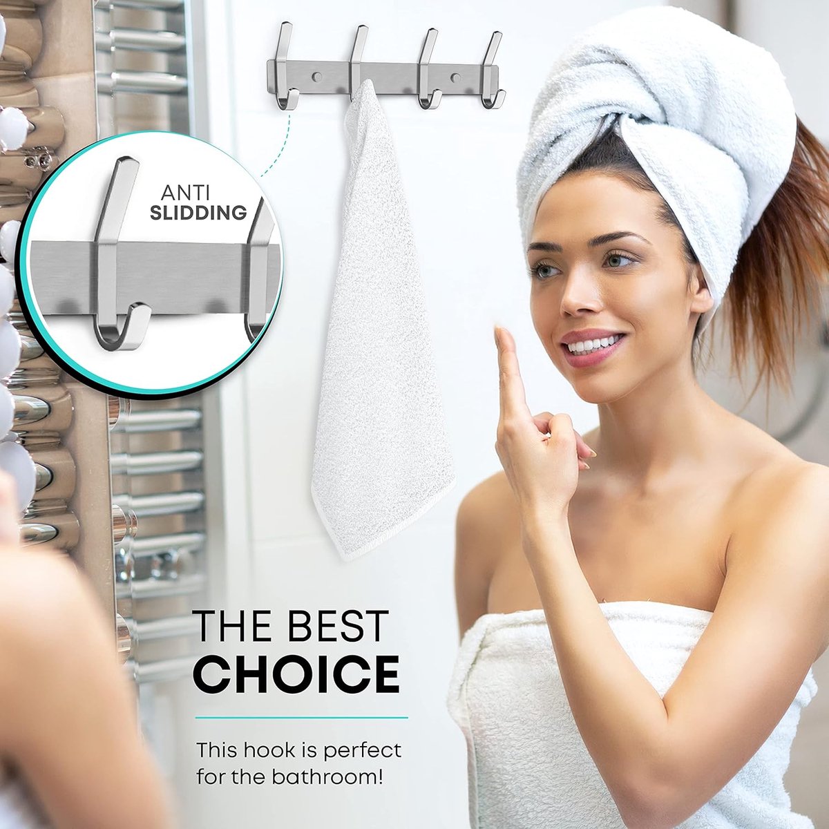 Wardrobe hooks - 6 hooks Stainless steel - Hook strip - Clothes hooks - For wall, wardrobe rail, wall wardrobe for bedroom, bathroom, kitchen - Silver - Coat hooks - 40.5 cm