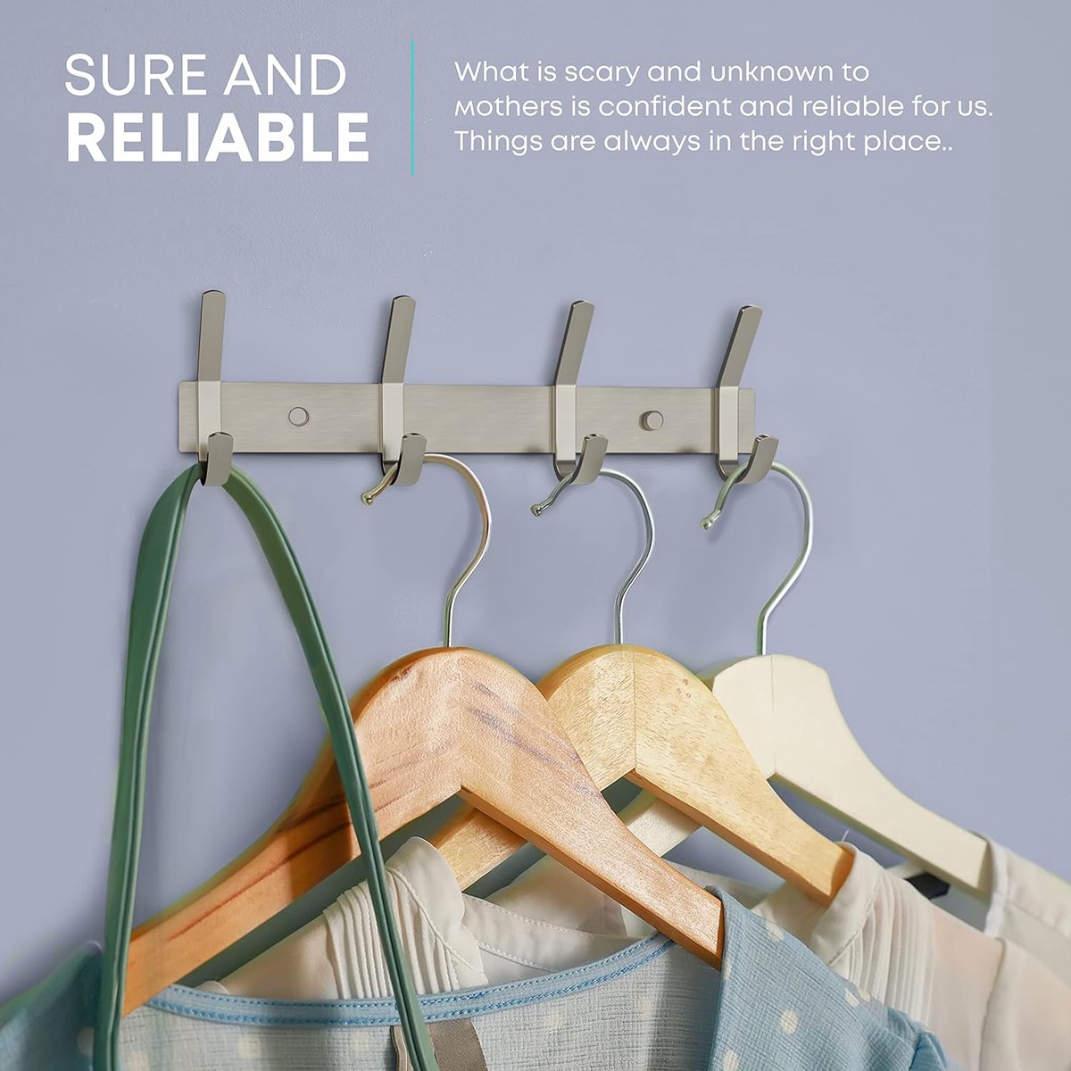 Wardrobe hooks - 6 hooks Stainless steel - Hook strip - Clothes hooks - For wall, wardrobe rail, wall wardrobe for bedroom, bathroom, kitchen - Silver - Coat hooks - 40.5 cm