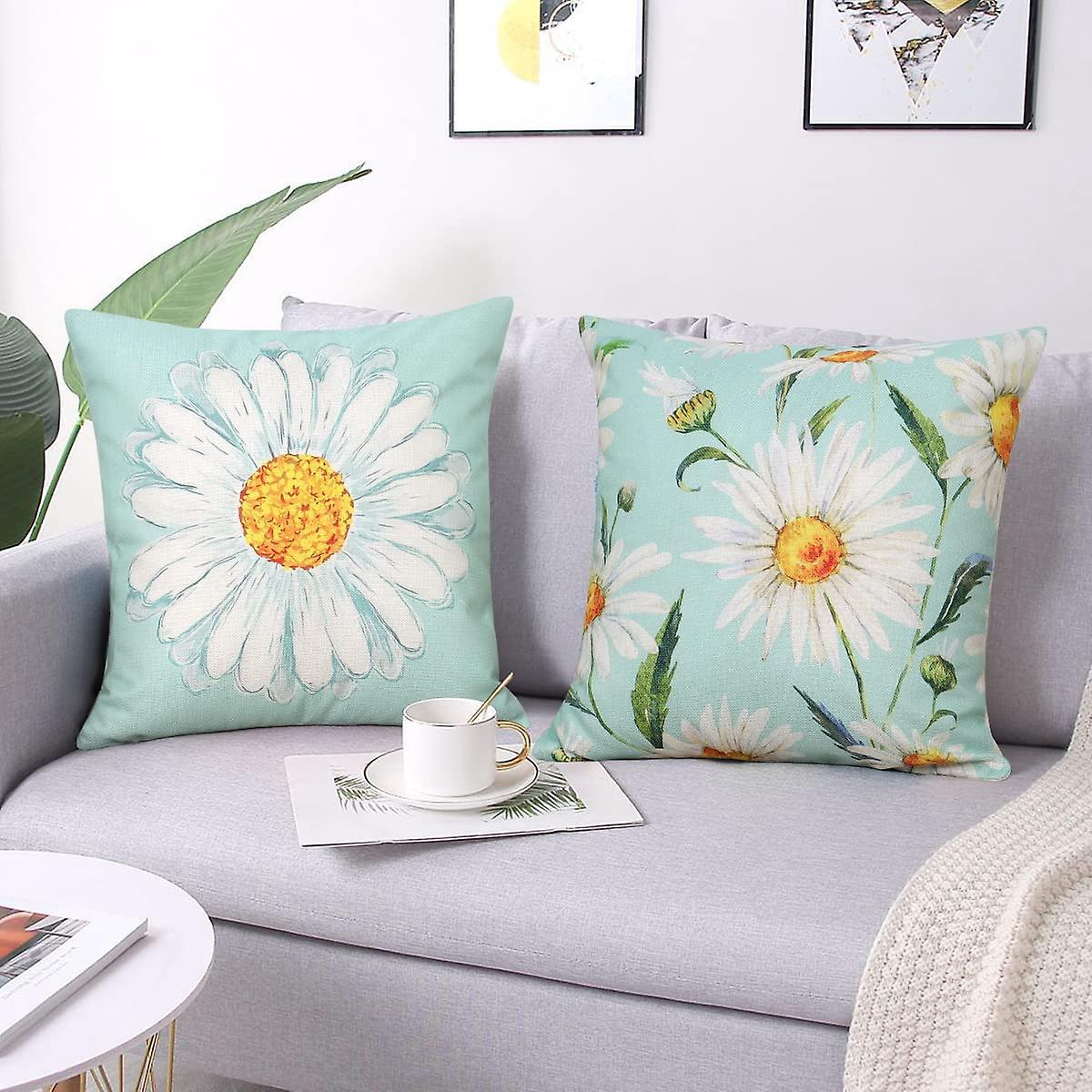 Cushion Cover Set of 4 45x45 cm Daisy Cotton Decorative Cushions Compatible with Modern Garden Living Room Bedroom Decor