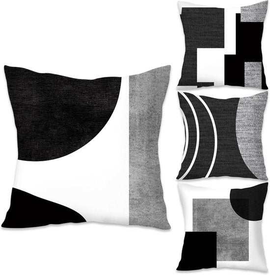 Pillowcase - 4-pack - Pillowcases with abstract geometric pattern - 45x45 cm - Pillowcases with zipper - Black and white pillowcases (pillow insert not included)
