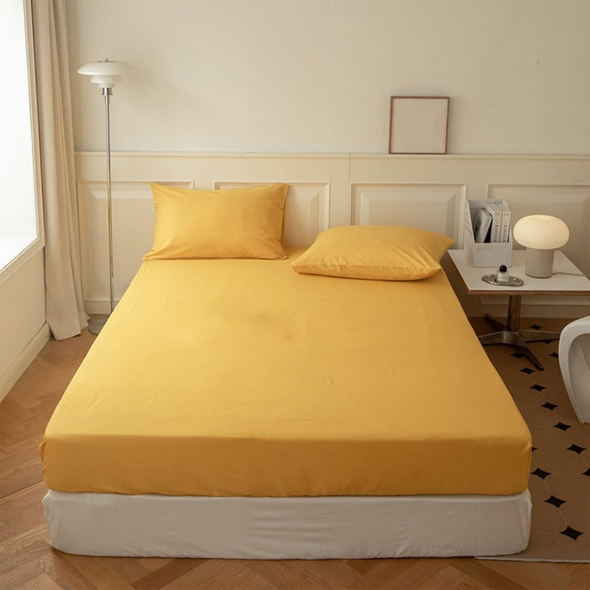 King Size Fitted Sheet, 100% Egyptian Cotton, Deep Pocket Premium Cotton Mattress Sheet,Double Bed Fitted Sheet Piece Non-Slip Fixed Bed Cover All-Inclusive Mattress Protection Bed Cover Yellow